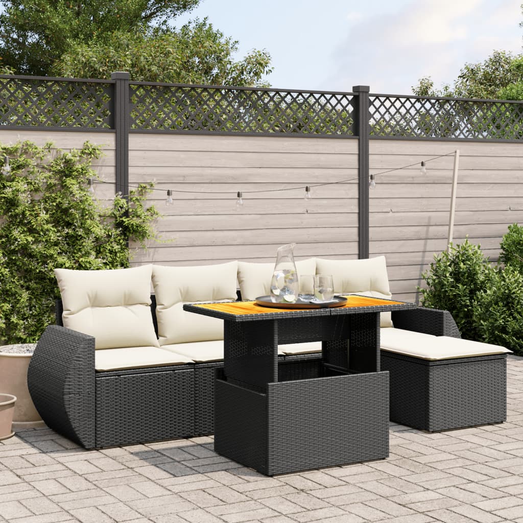 6 Piece Garden Sofa Set with Cushions Black Poly Rattan