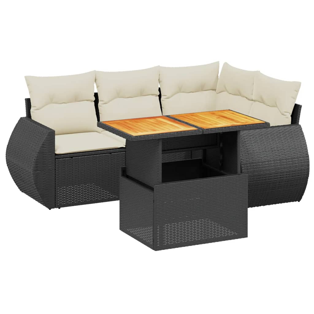 5 Piece Garden Sofa Set with Cushions Black Poly Rattan