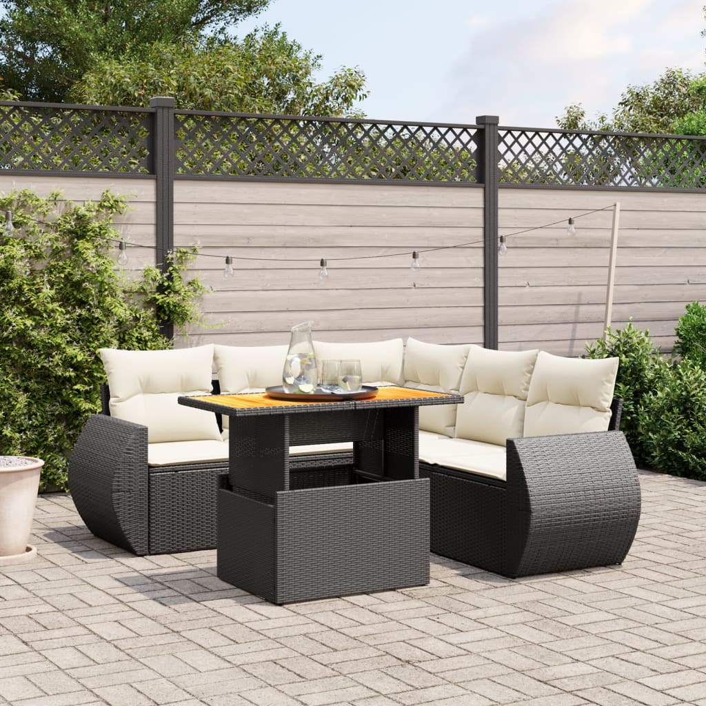 6 Piece Garden Sofa Set with Cushions Black Poly Rattan