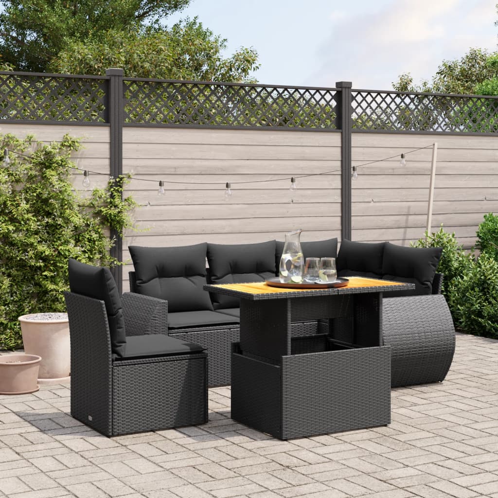 6 Piece Garden Sofa Set with Cushions Black Poly Rattan