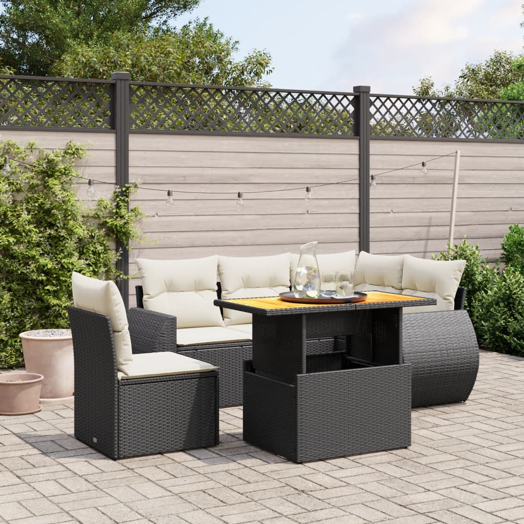 6 Piece Garden Sofa Set with Cushions Black Poly Rattan