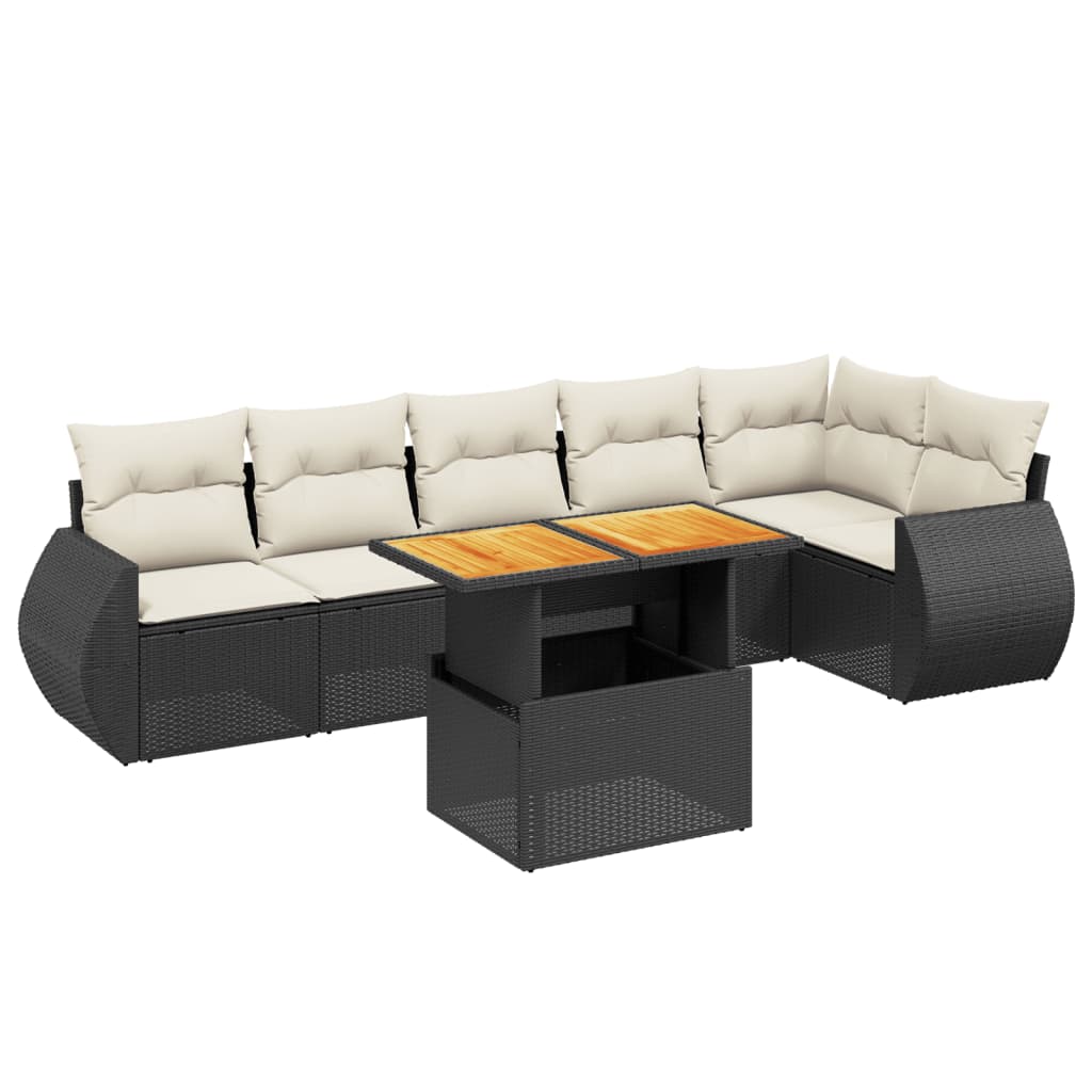 7 Piece Garden Sofa Set with Cushions Black Poly Rattan