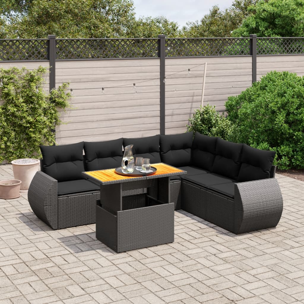 7 Piece Garden Sofa Set with Cushions Black Poly Rattan