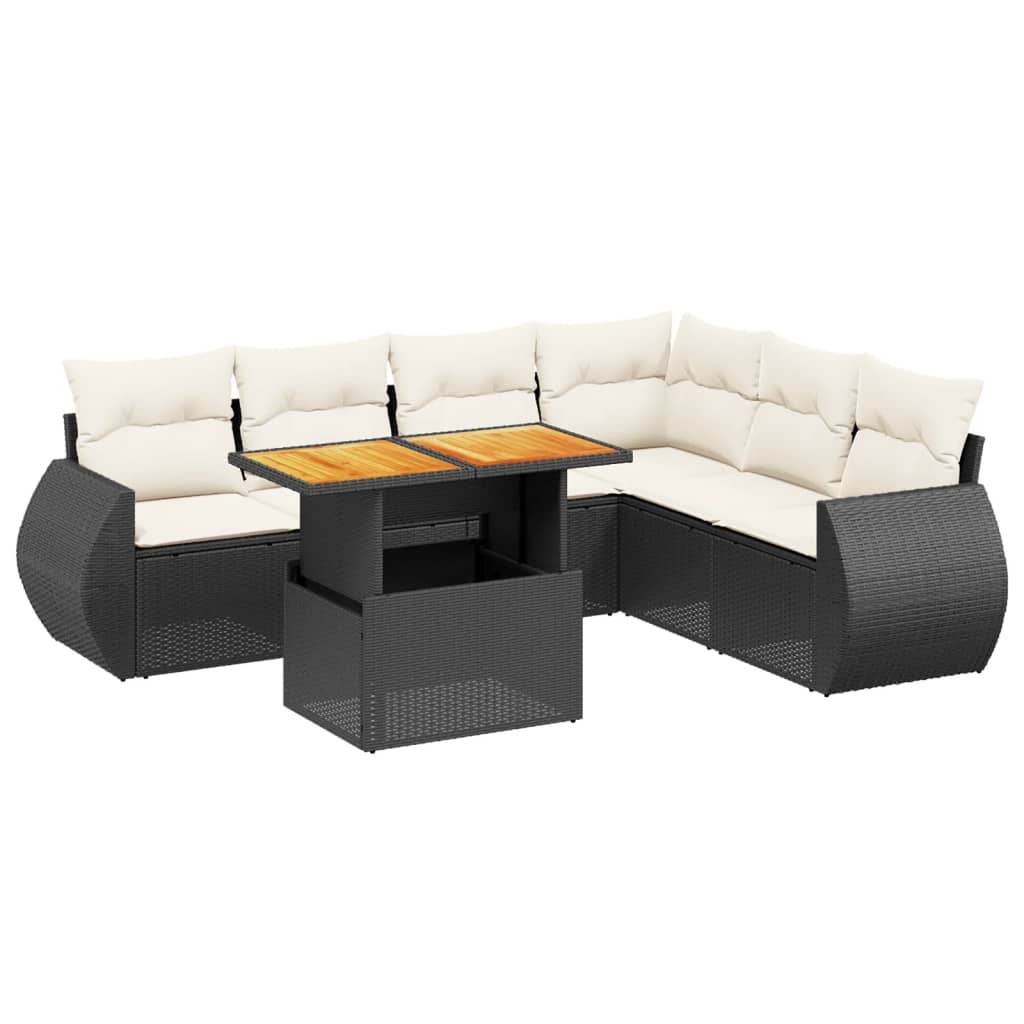 7 Piece Garden Sofa Set with Cushions Black Poly Rattan