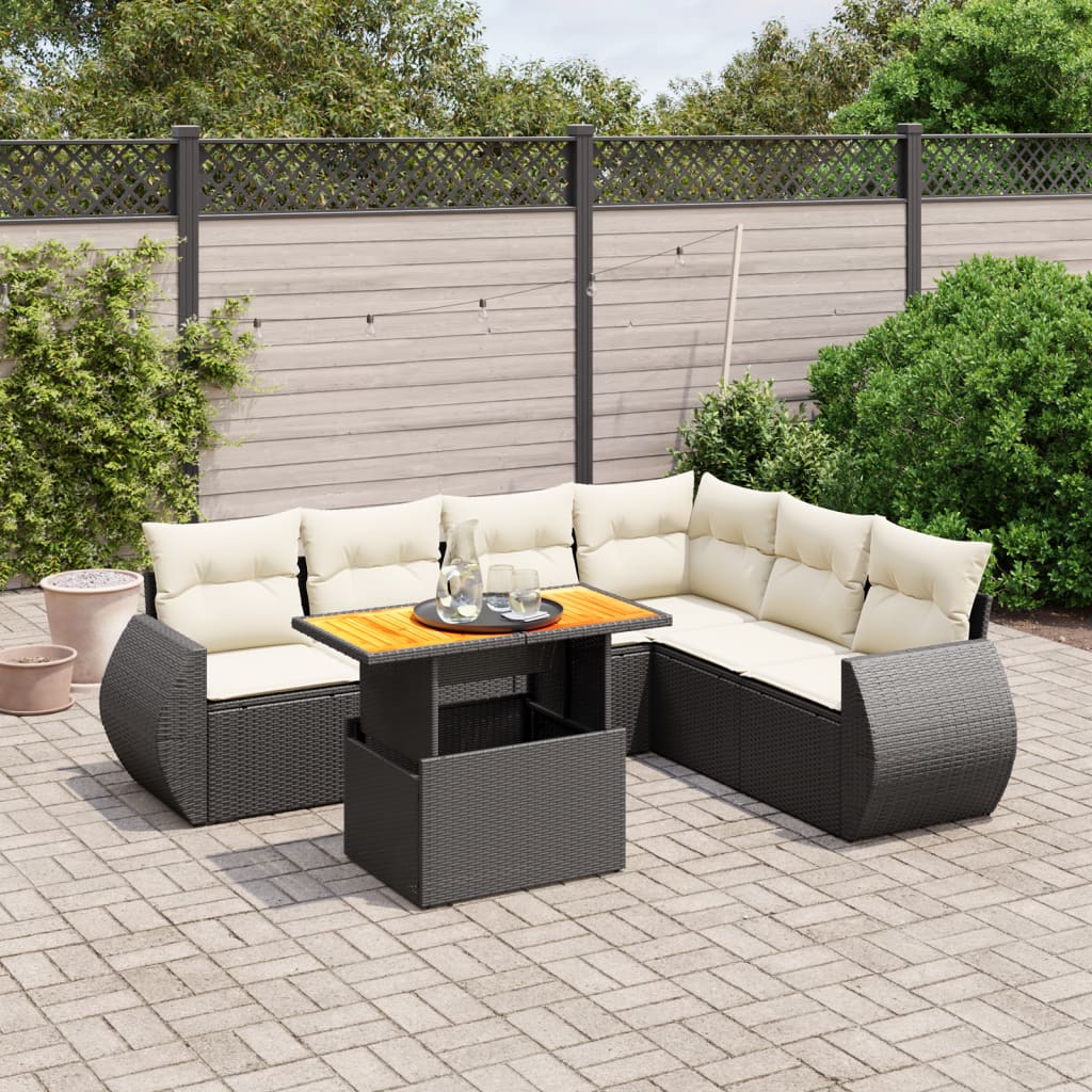 7 Piece Garden Sofa Set with Cushions Black Poly Rattan