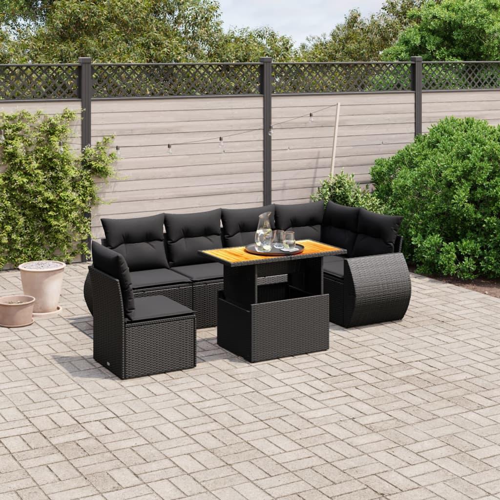 7 Piece Garden Sofa Set with Cushions Black Poly Rattan