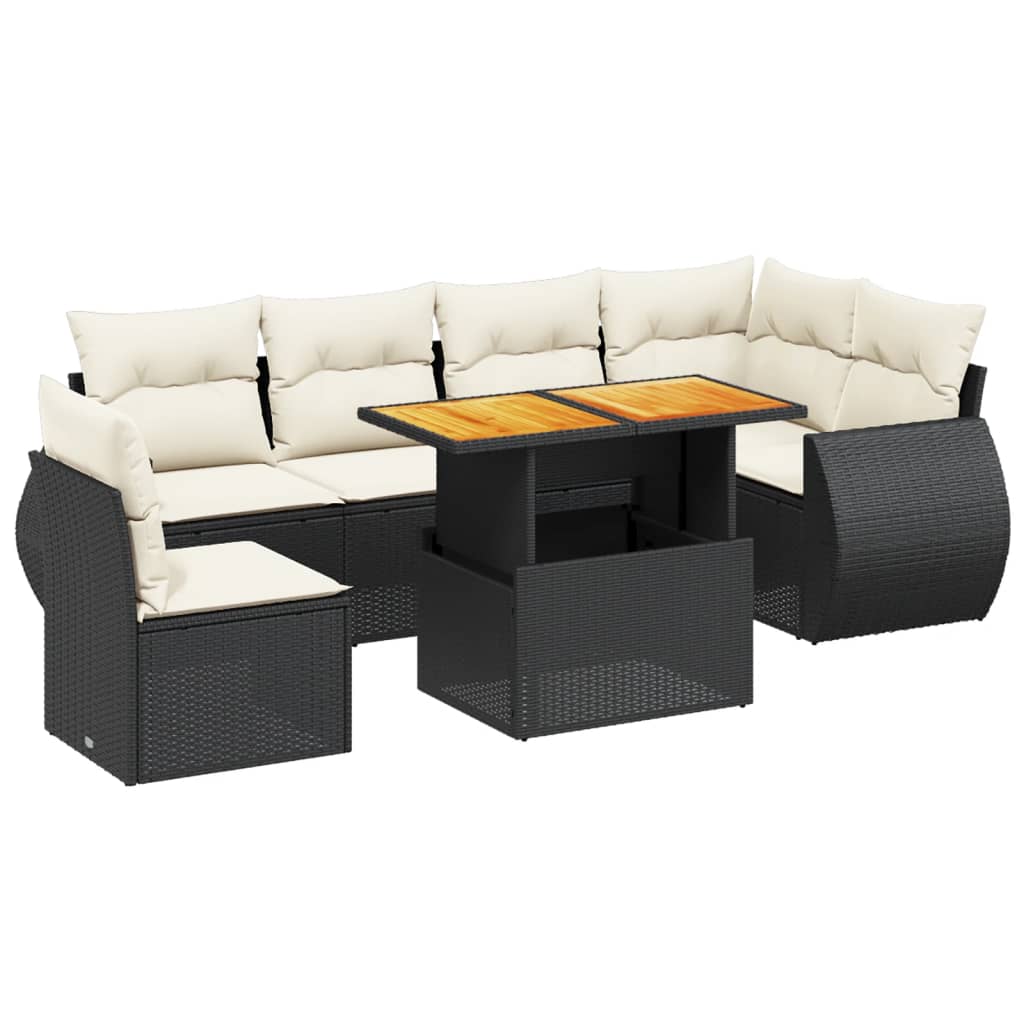 7 Piece Garden Sofa Set with Cushions Black Poly Rattan