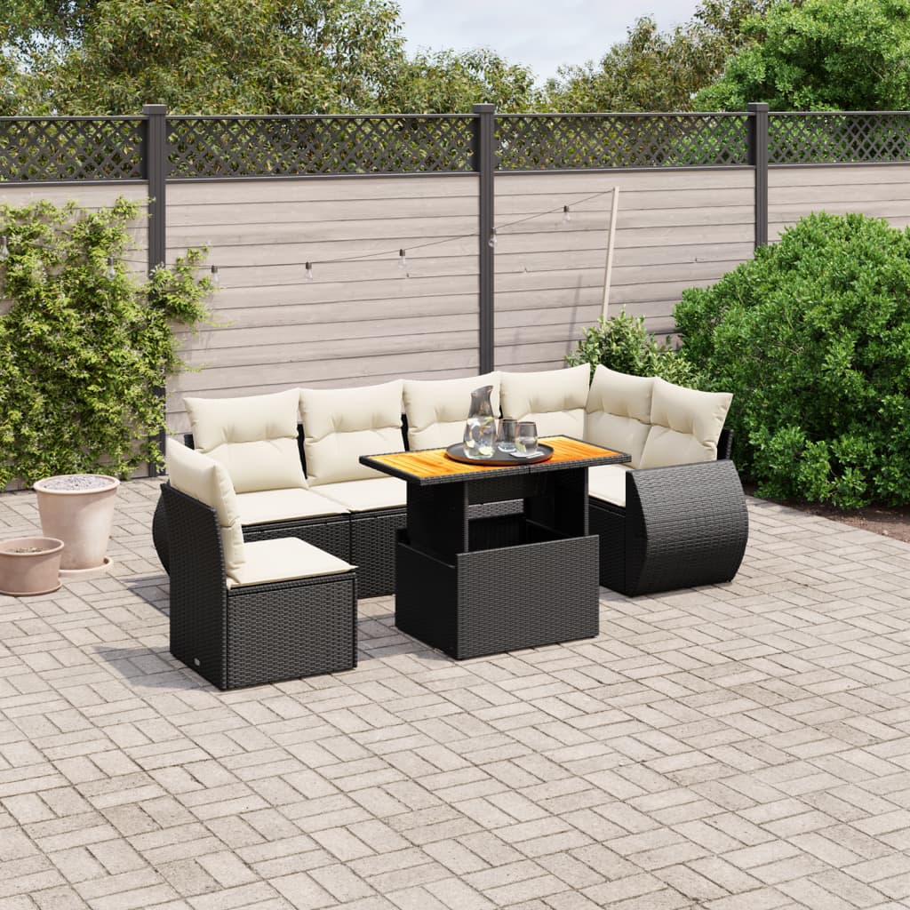 7 Piece Garden Sofa Set with Cushions Black Poly Rattan