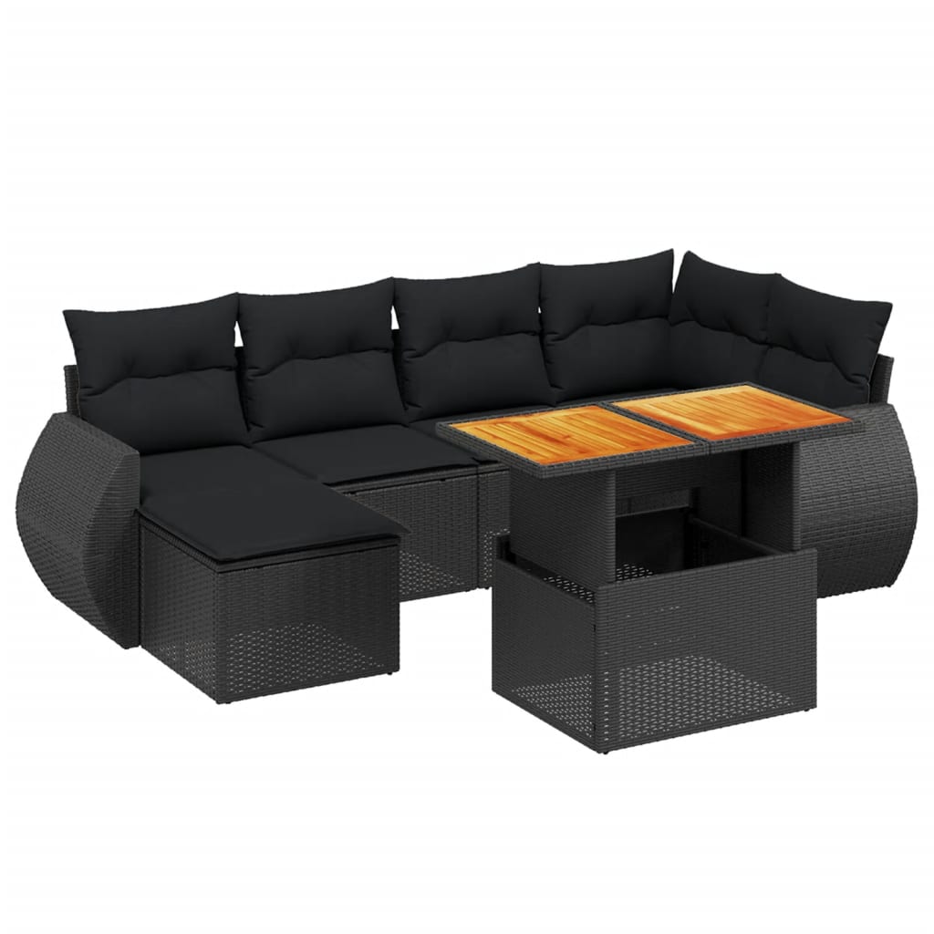 7 Piece Garden Sofa Set with Cushions Black Poly Rattan