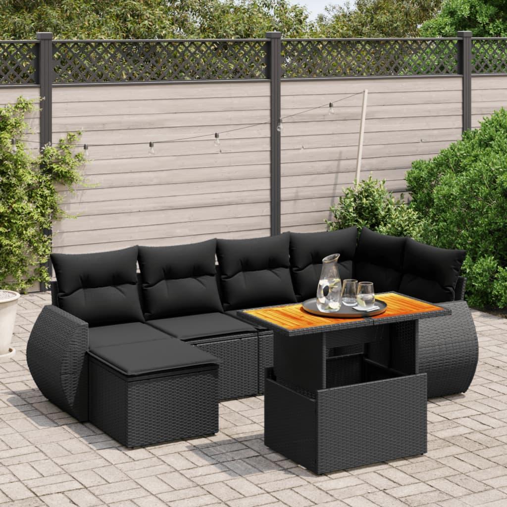 7 Piece Garden Sofa Set with Cushions Black Poly Rattan