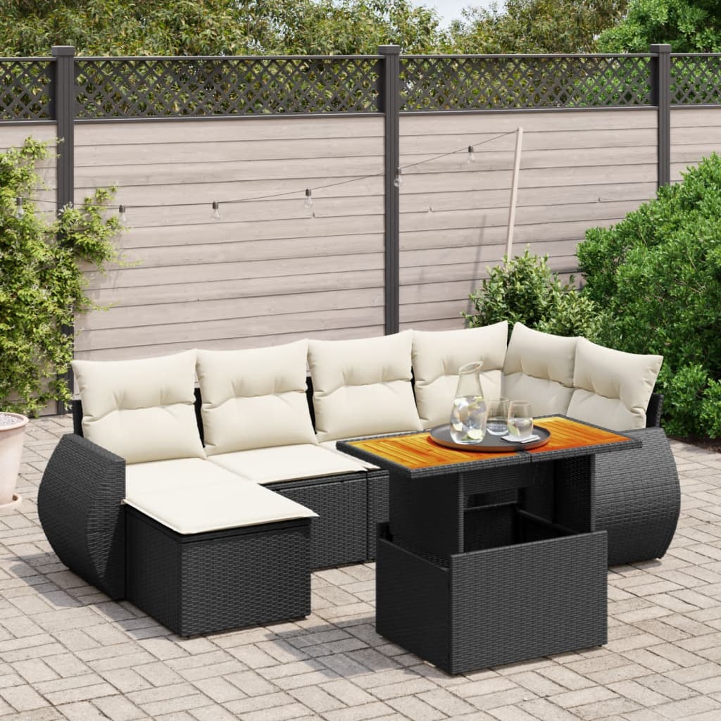 7 Piece Garden Sofa Set with Cushions Black Poly Rattan