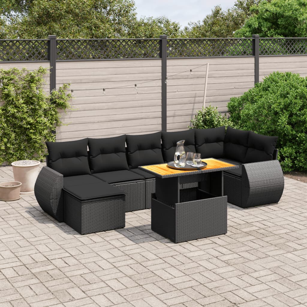 8 Piece Garden Sofa Set with Cushions Black Poly Rattan