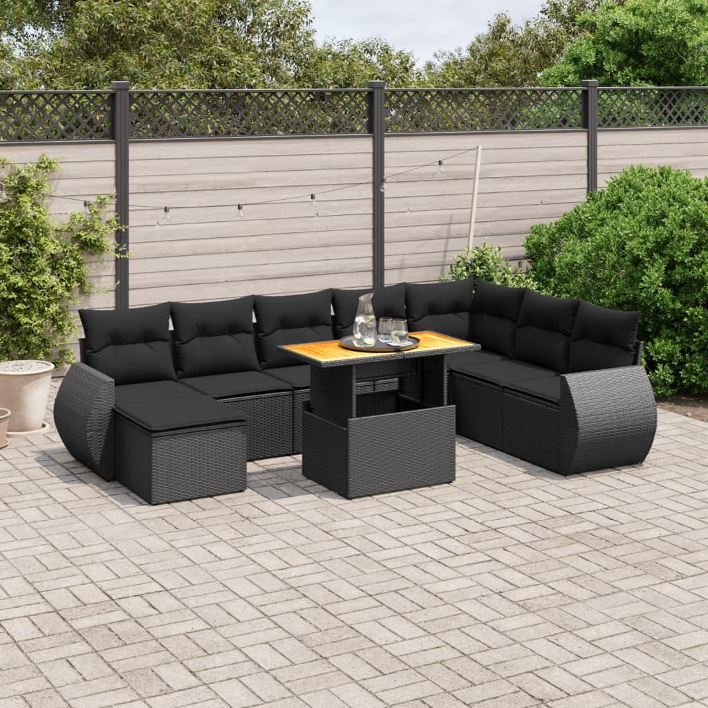 9 Piece Garden Sofa Set with Cushions Black Poly Rattan