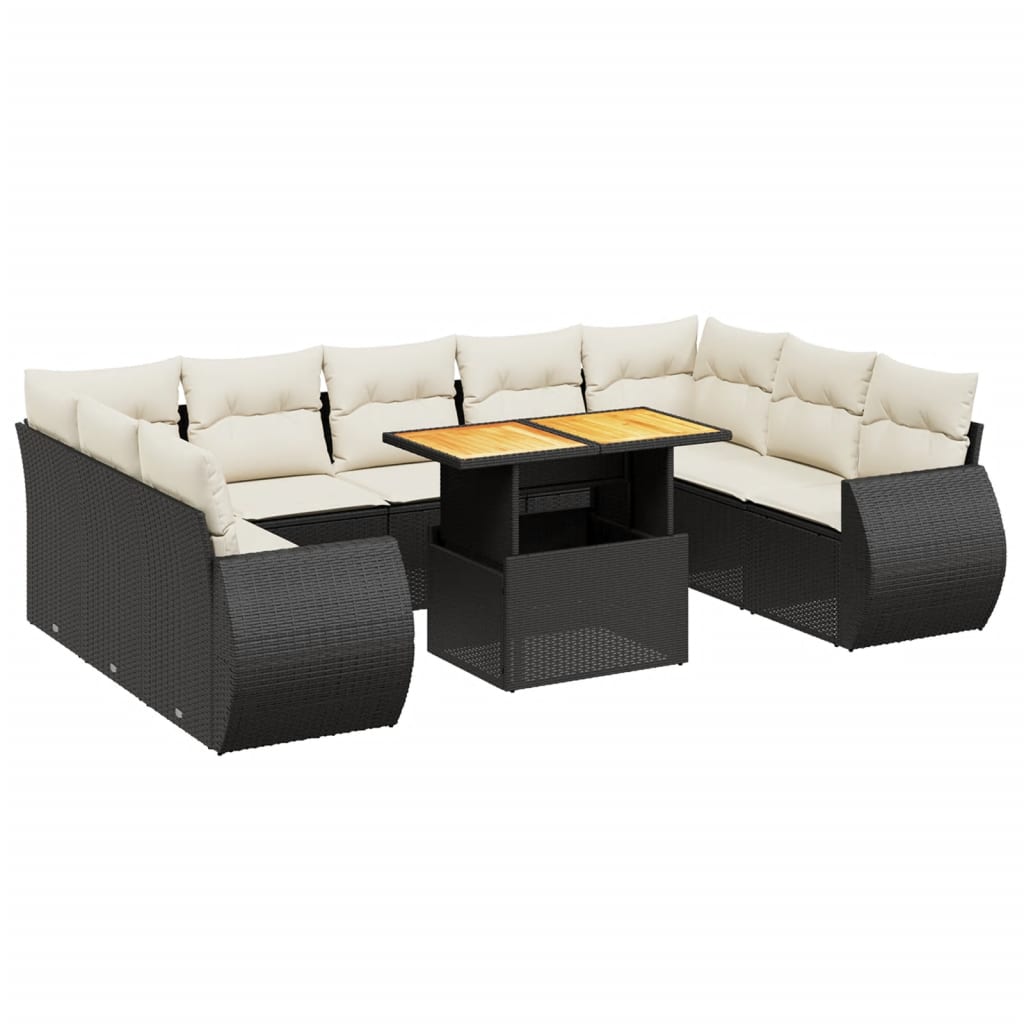 10 Piece Garden Sofa Set with Cushions Black Poly Rattan