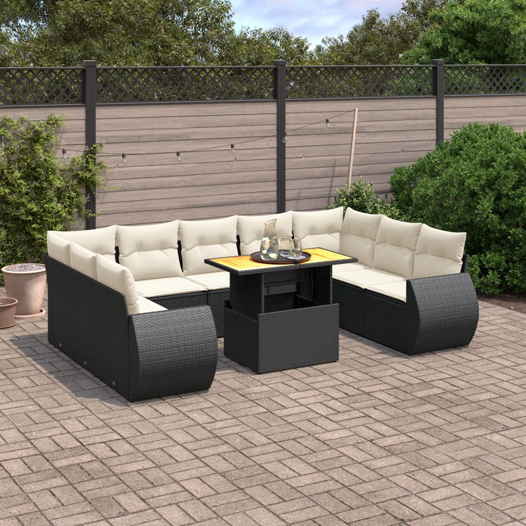 10 Piece Garden Sofa Set with Cushions Black Poly Rattan