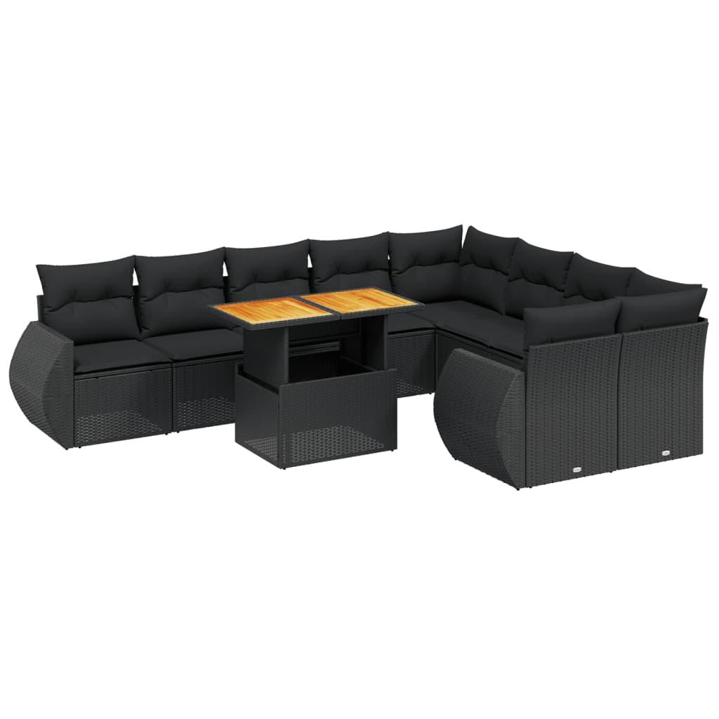 10 Piece Garden Sofa Set with Cushions Black Poly Rattan