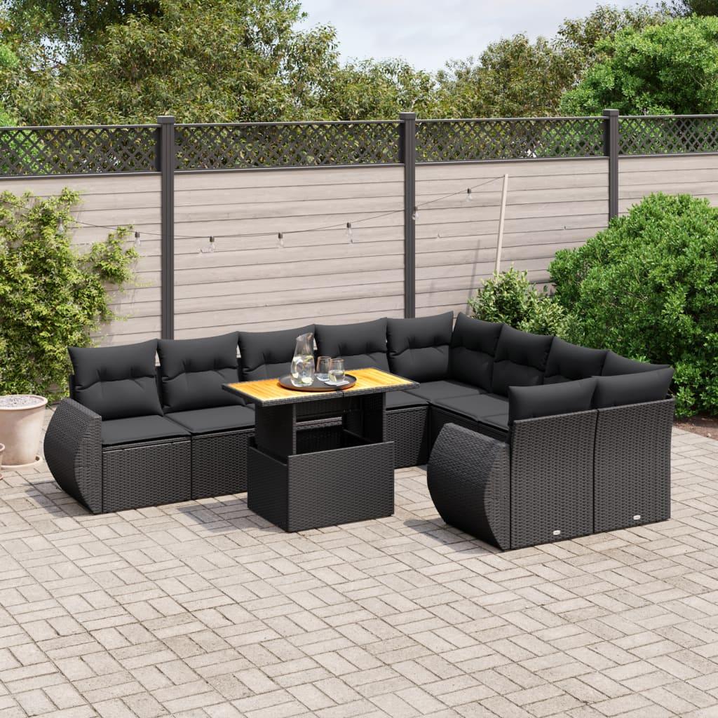 10 Piece Garden Sofa Set with Cushions Black Poly Rattan