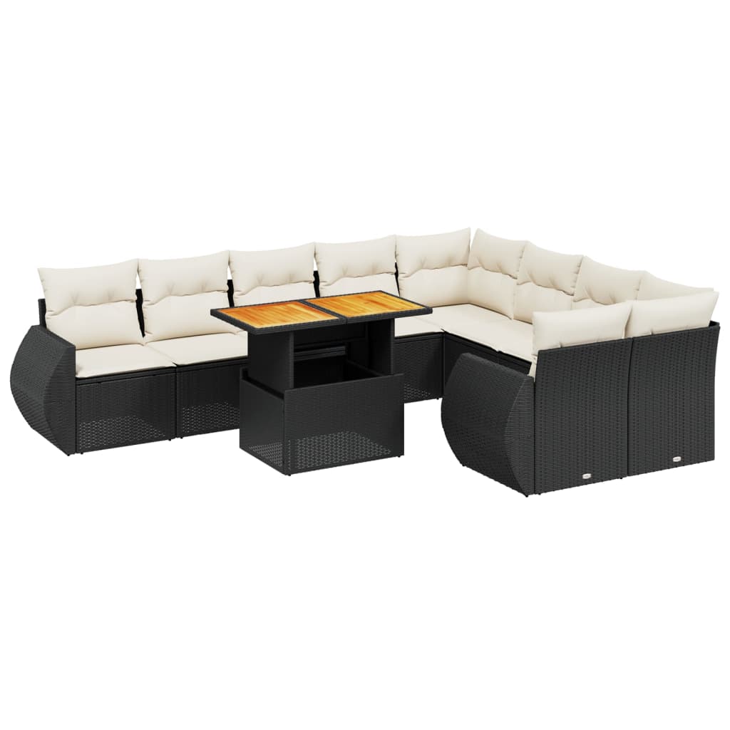 10 Piece Garden Sofa Set with Cushions Black Poly Rattan