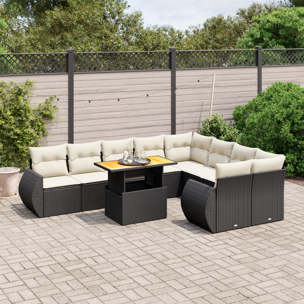 10 Piece Garden Sofa Set with Cushions Black Poly Rattan