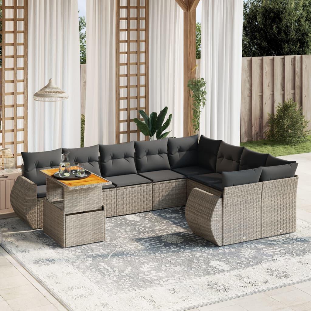 10 Piece Garden Sofa Set with Cushions Grey Poly Rattan