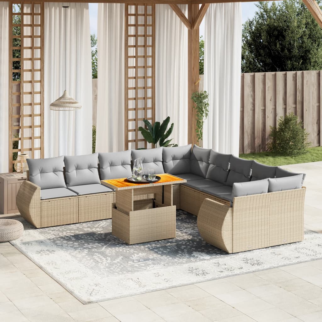 11 Piece Garden Sofa Set with Cushions Beige Poly Rattan