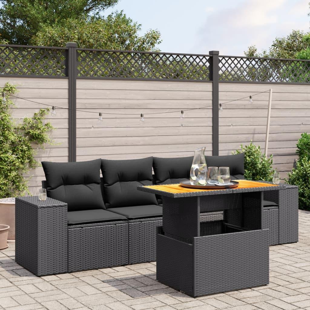 5 Piece Garden Sofa Set with Cushions Black Poly Rattan