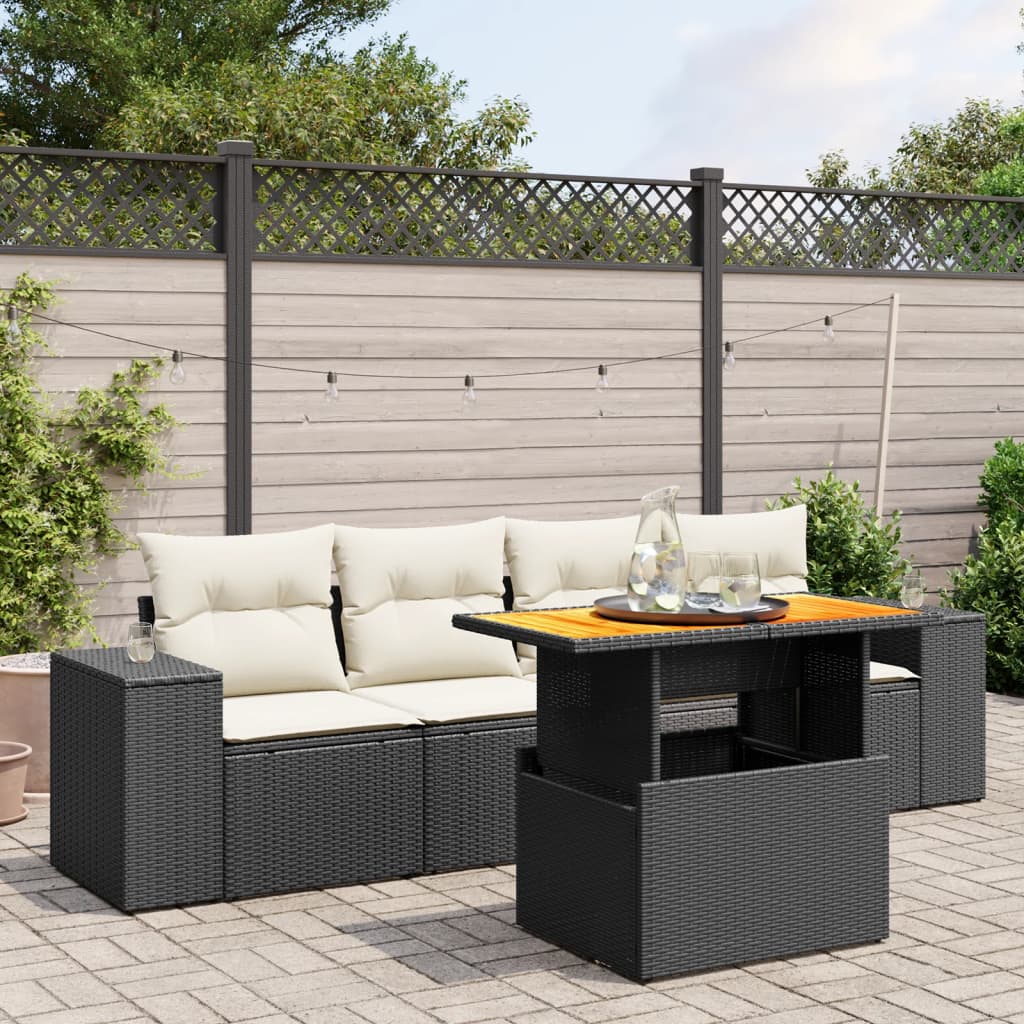 5 Piece Garden Sofa Set with Cushions Black Poly Rattan