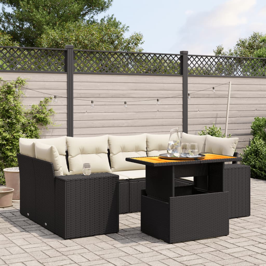 7 Piece Garden Sofa Set with Cushions Black Poly Rattan