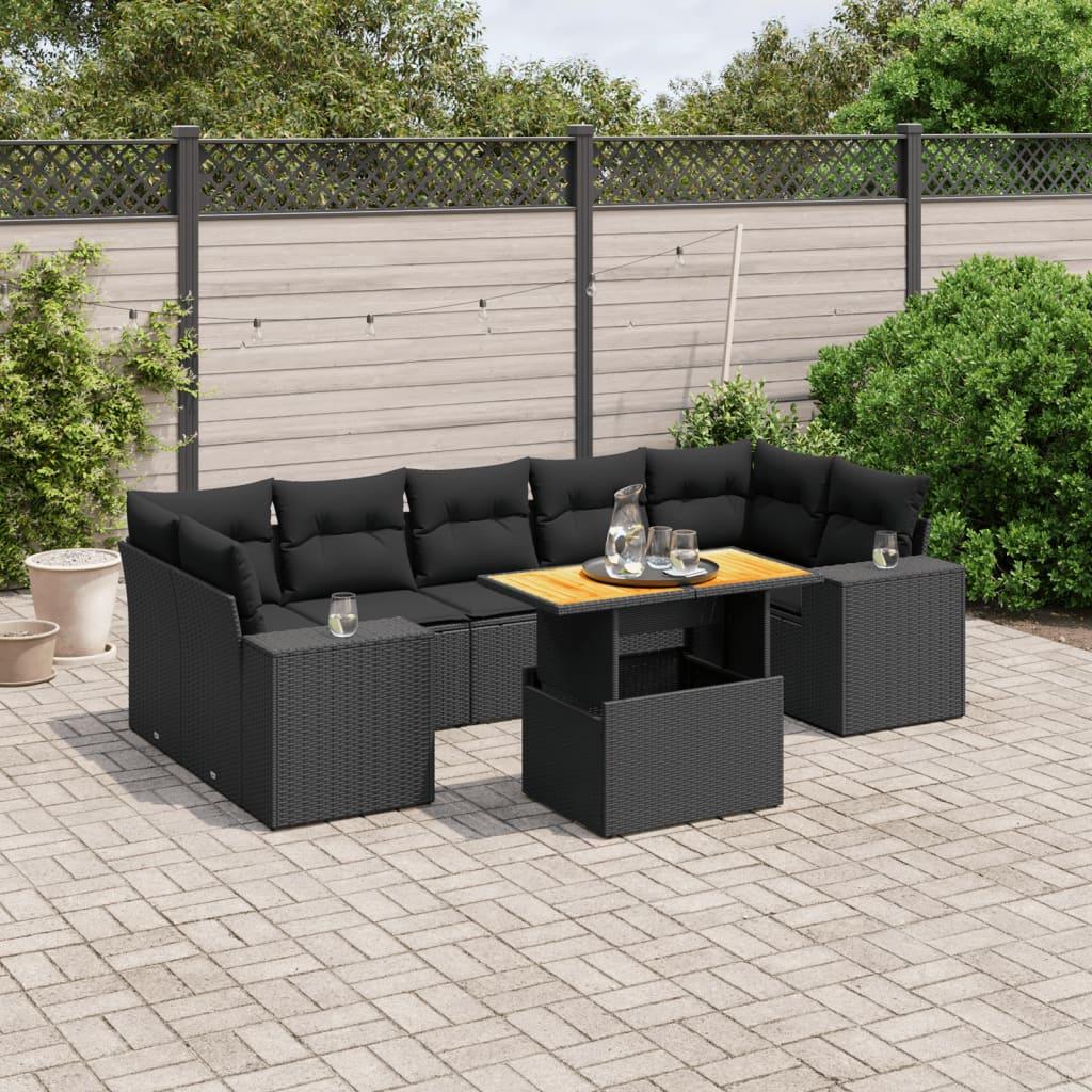 8 Piece Garden Sofa Set with Cushions Black Poly Rattan