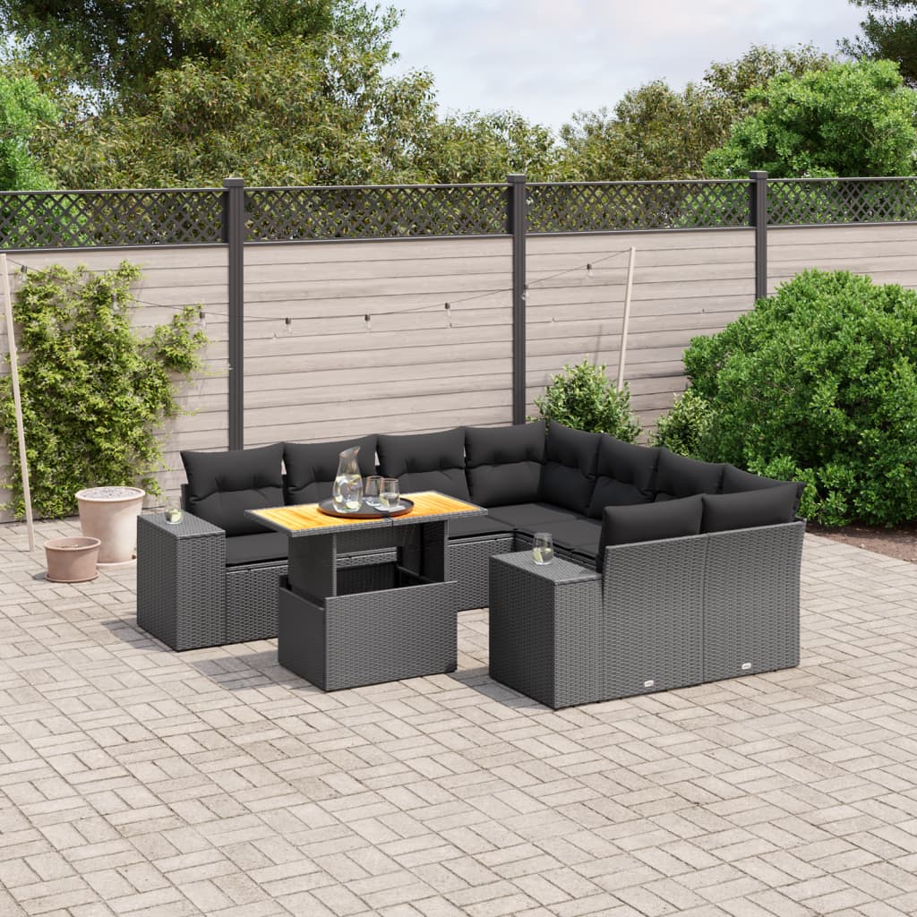 9 Piece Garden Sofa Set with Cushions Black Poly Rattan