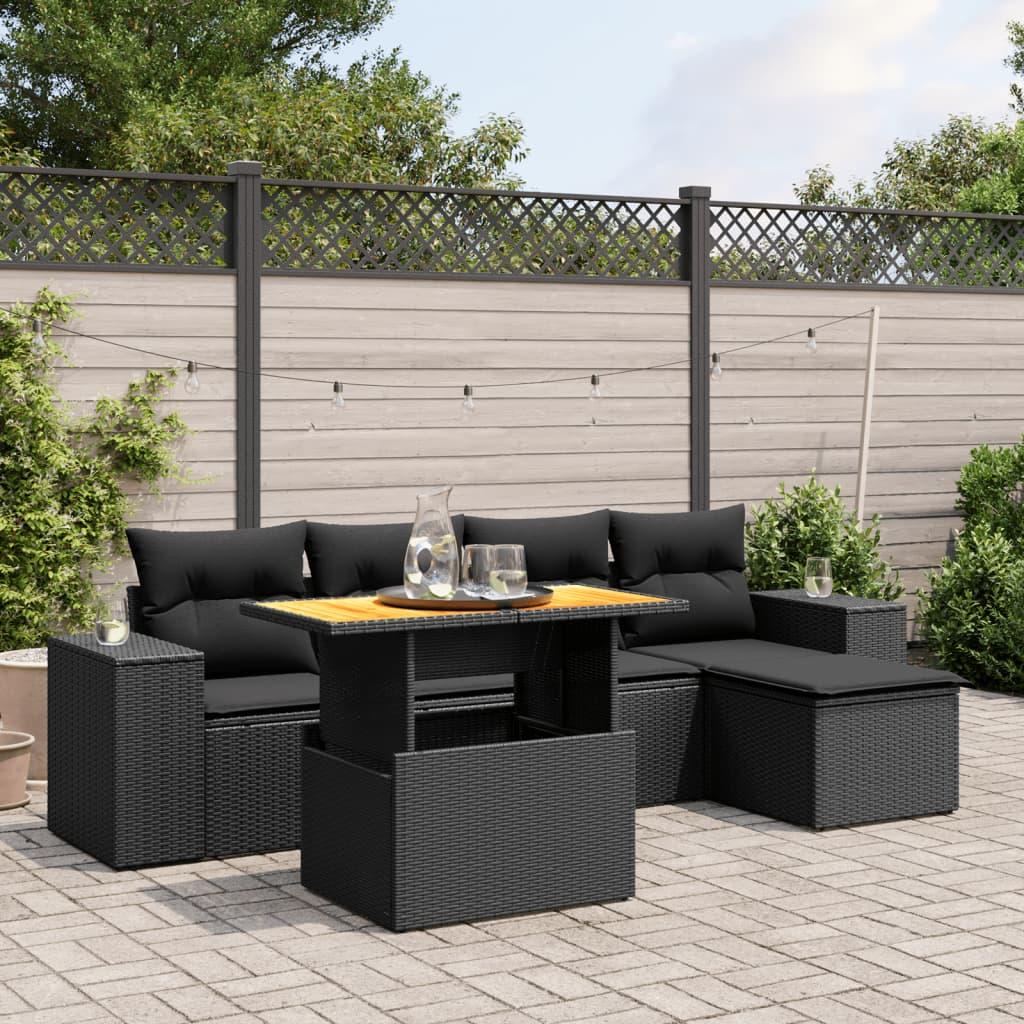 6 Piece Garden Sofa Set with Cushions Black Poly Rattan