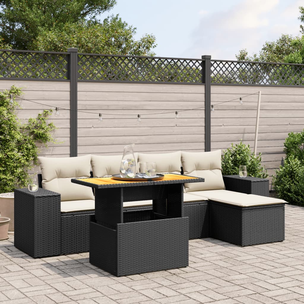 6 Piece Garden Sofa Set with Cushions Black Poly Rattan