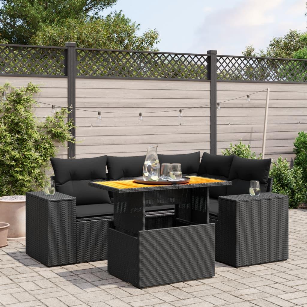 5 Piece Garden Sofa Set with Cushions Black Poly Rattan