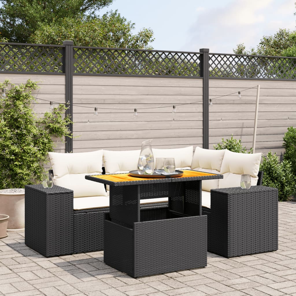 5 Piece Garden Sofa Set with Cushions Black Poly Rattan