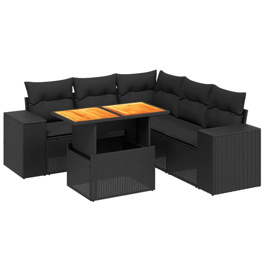 6 Piece Garden Sofa Set with Cushions Black Poly Rattan