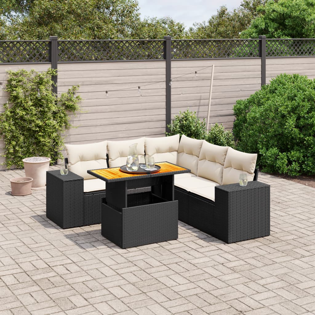 6 Piece Garden Sofa Set with Cushions Black Poly Rattan