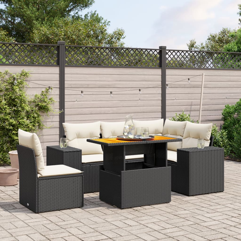 6 Piece Garden Sofa Set with Cushions Black Poly Rattan