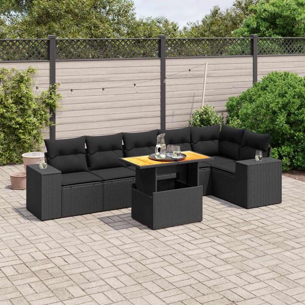 7 Piece Garden Sofa Set with Cushions Black Poly Rattan