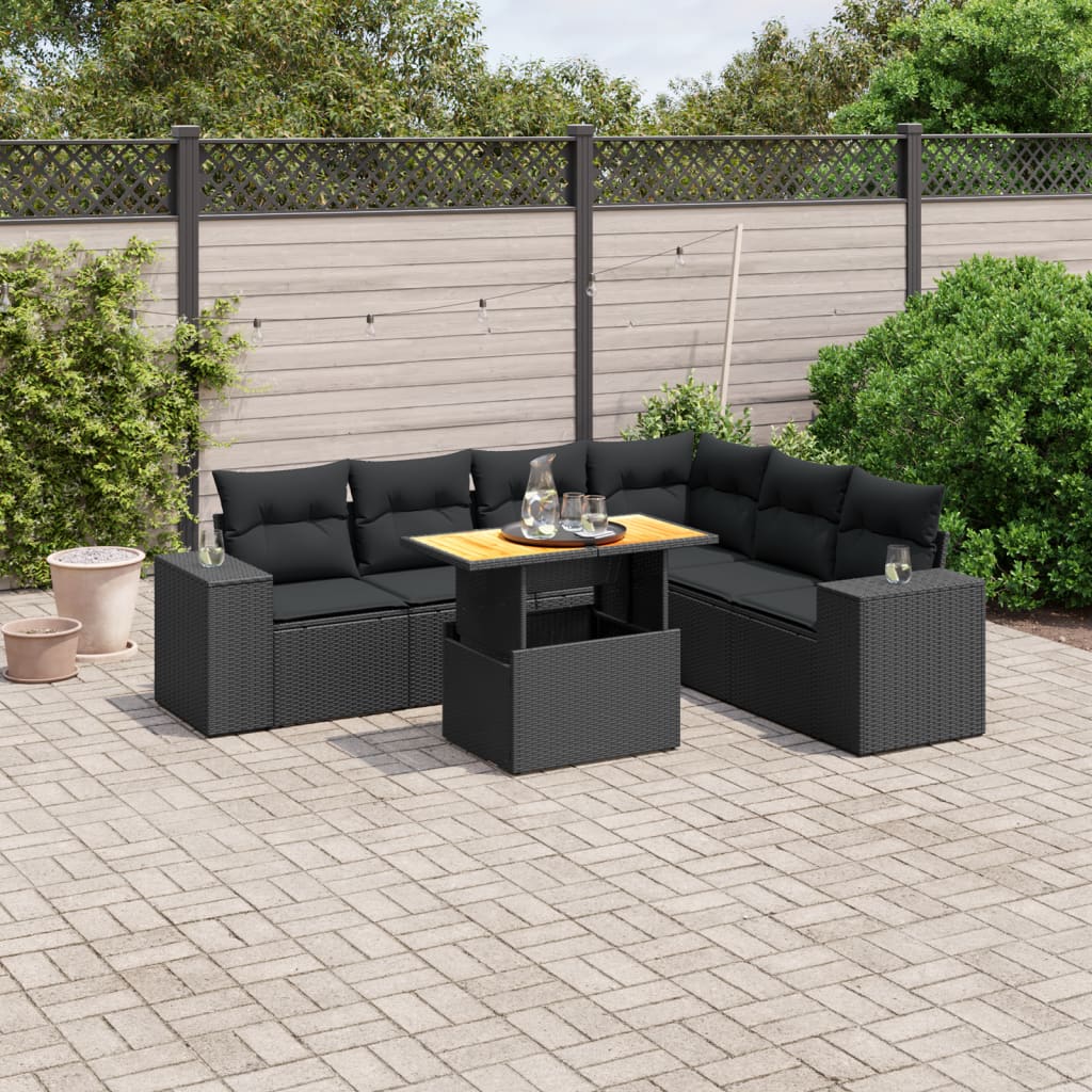 7 Piece Garden Sofa Set with Cushions Black Poly Rattan