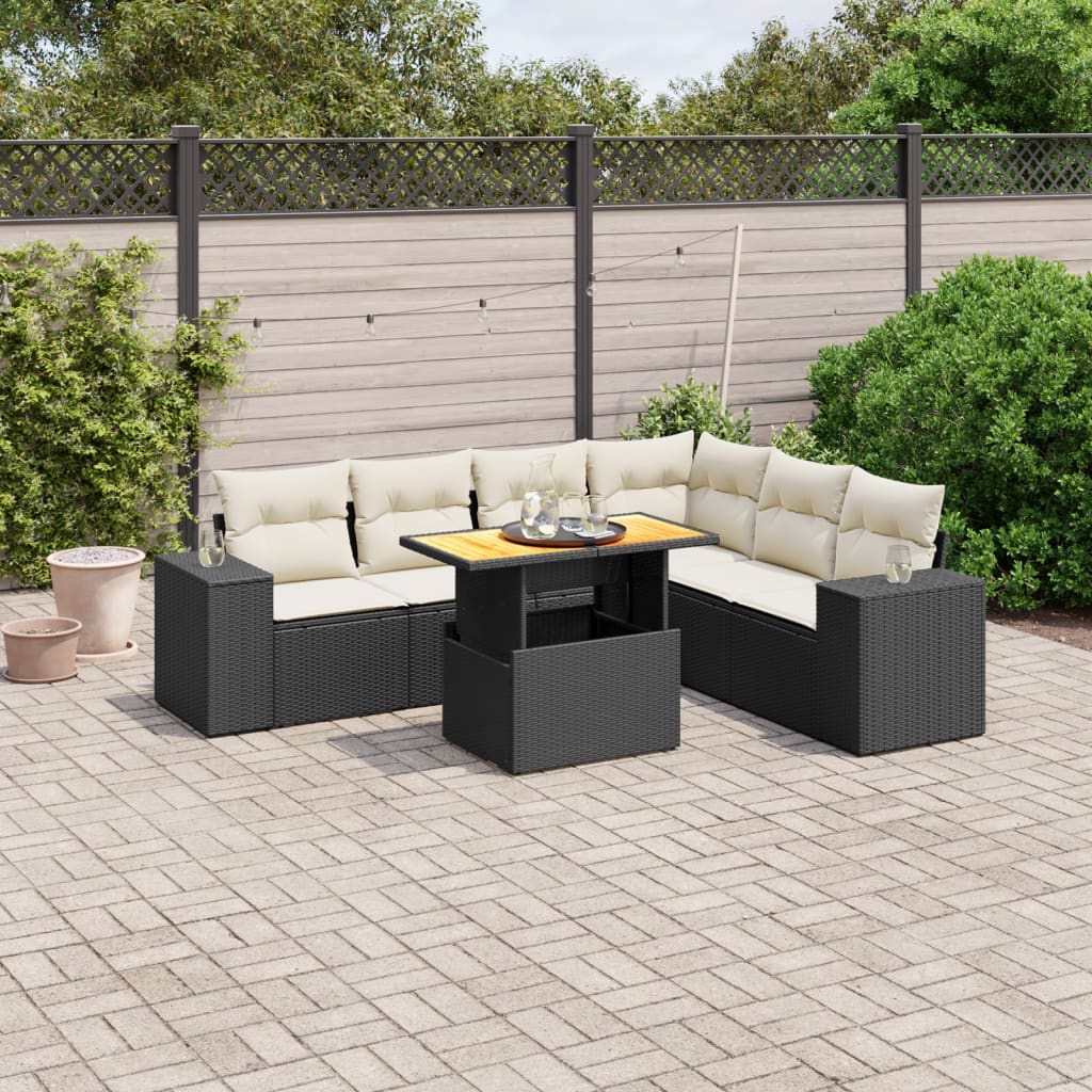 7 Piece Garden Sofa Set with Cushions Black Poly Rattan