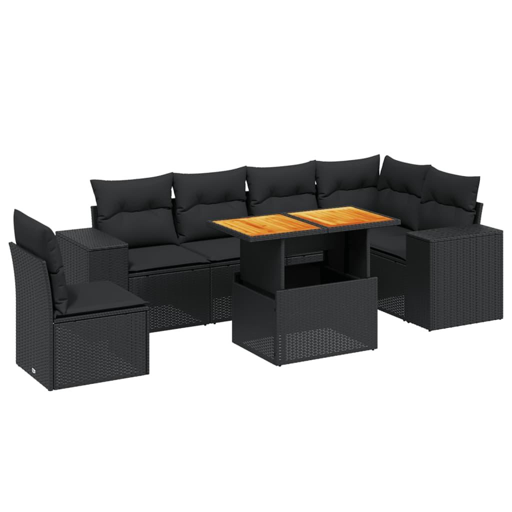 7 Piece Garden Sofa Set with Cushions Black Poly Rattan