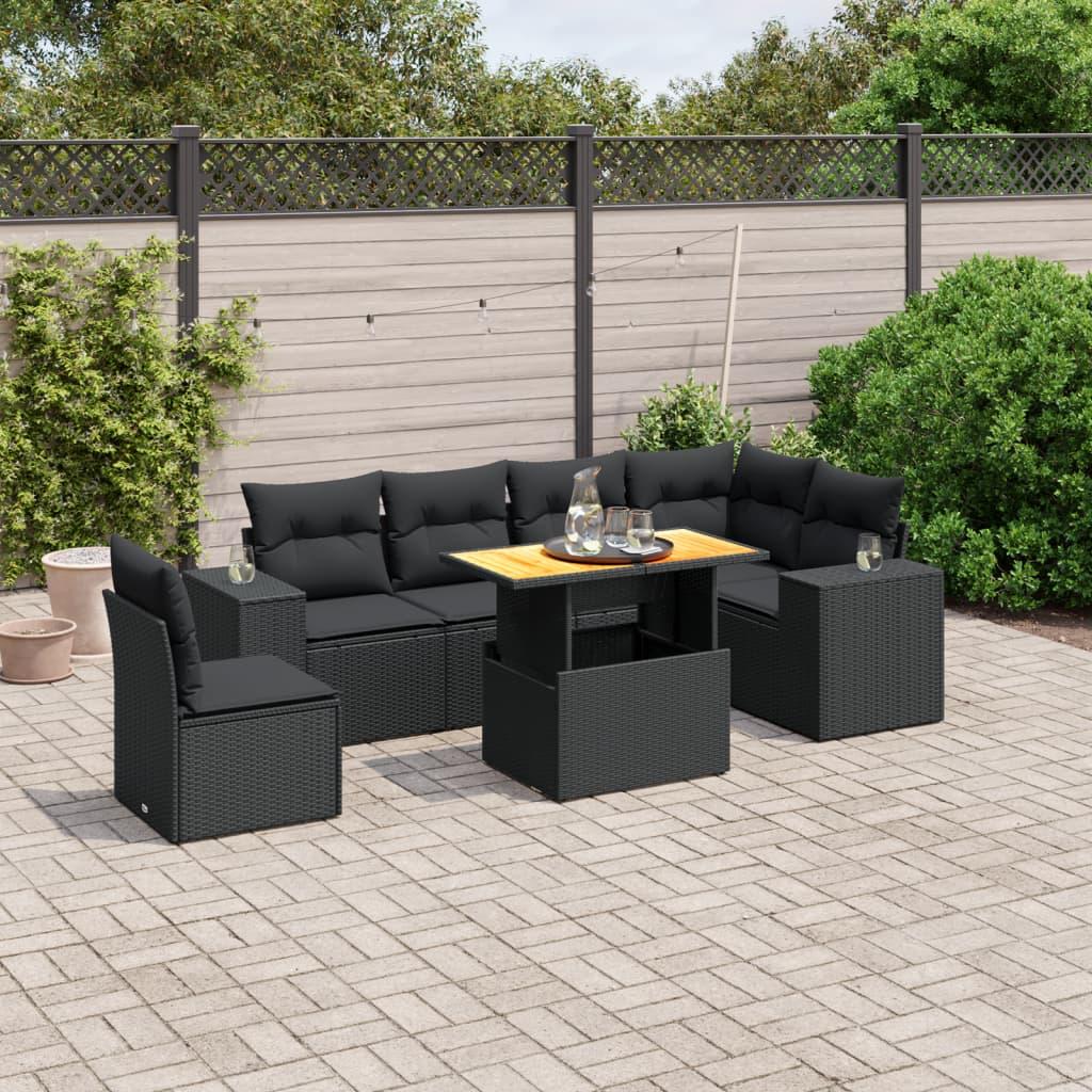 7 Piece Garden Sofa Set with Cushions Black Poly Rattan