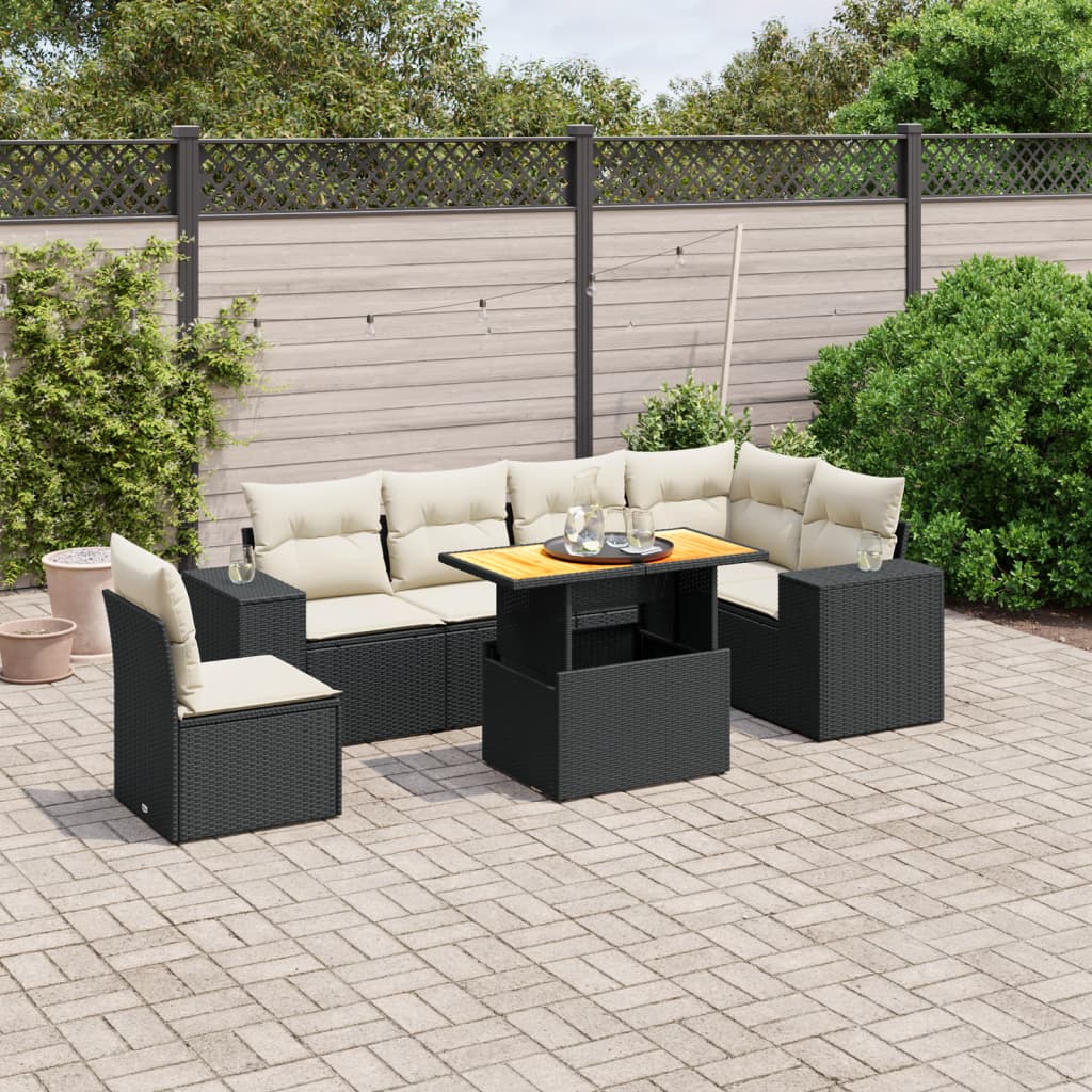 7 Piece Garden Sofa Set with Cushions Black Poly Rattan