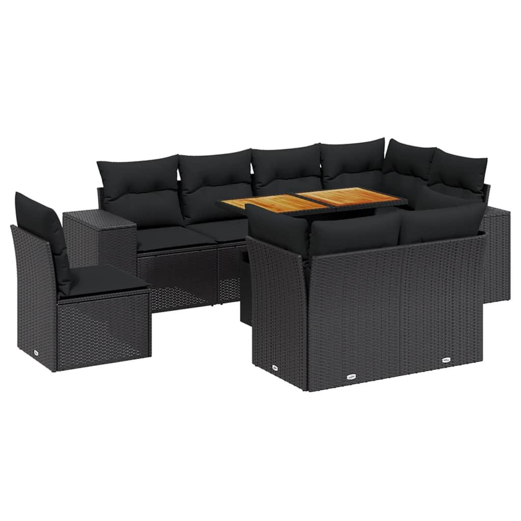 9 Piece Garden Sofa Set with Cushions Black Poly Rattan