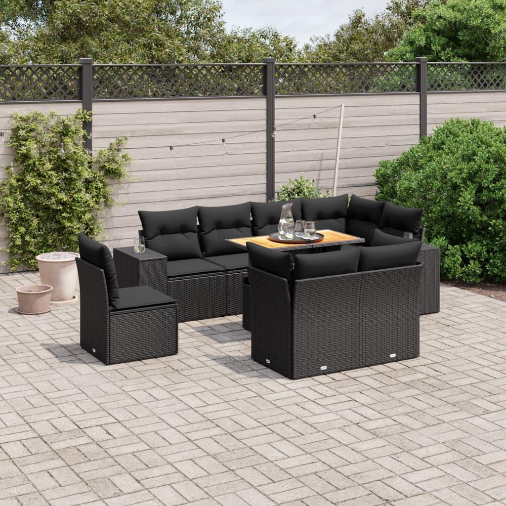 9 Piece Garden Sofa Set with Cushions Black Poly Rattan