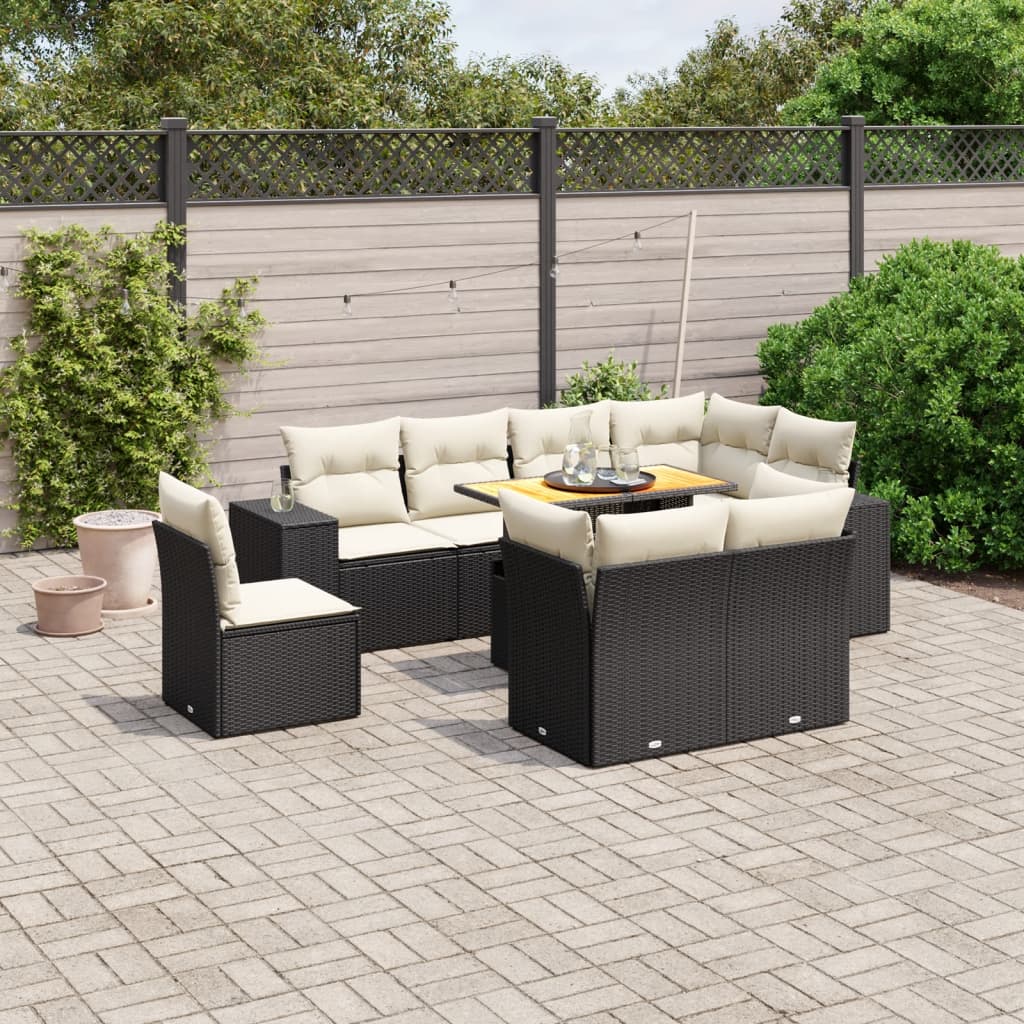 9 Piece Garden Sofa Set with Cushions Black Poly Rattan