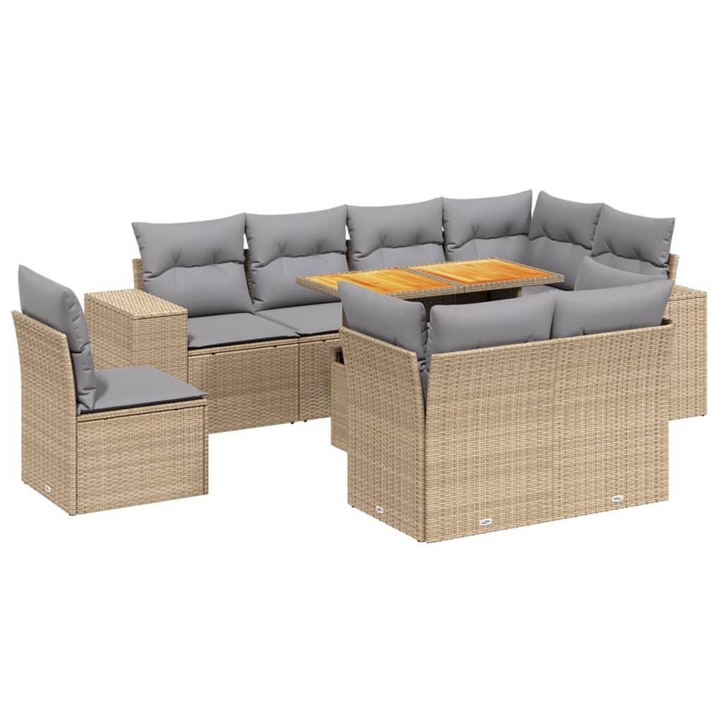 9 Piece Garden Sofa Set with Cushions Beige Poly Rattan