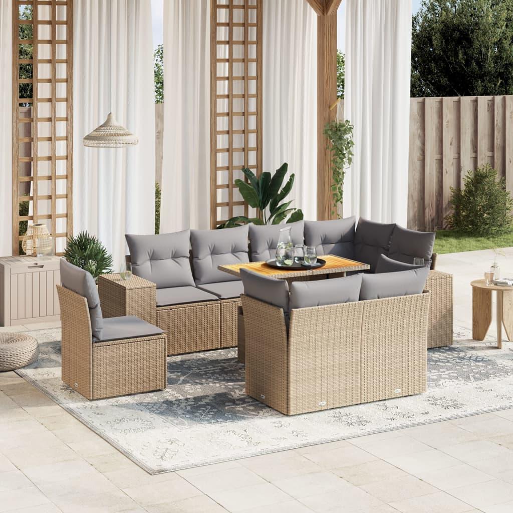 9 Piece Garden Sofa Set with Cushions Beige Poly Rattan