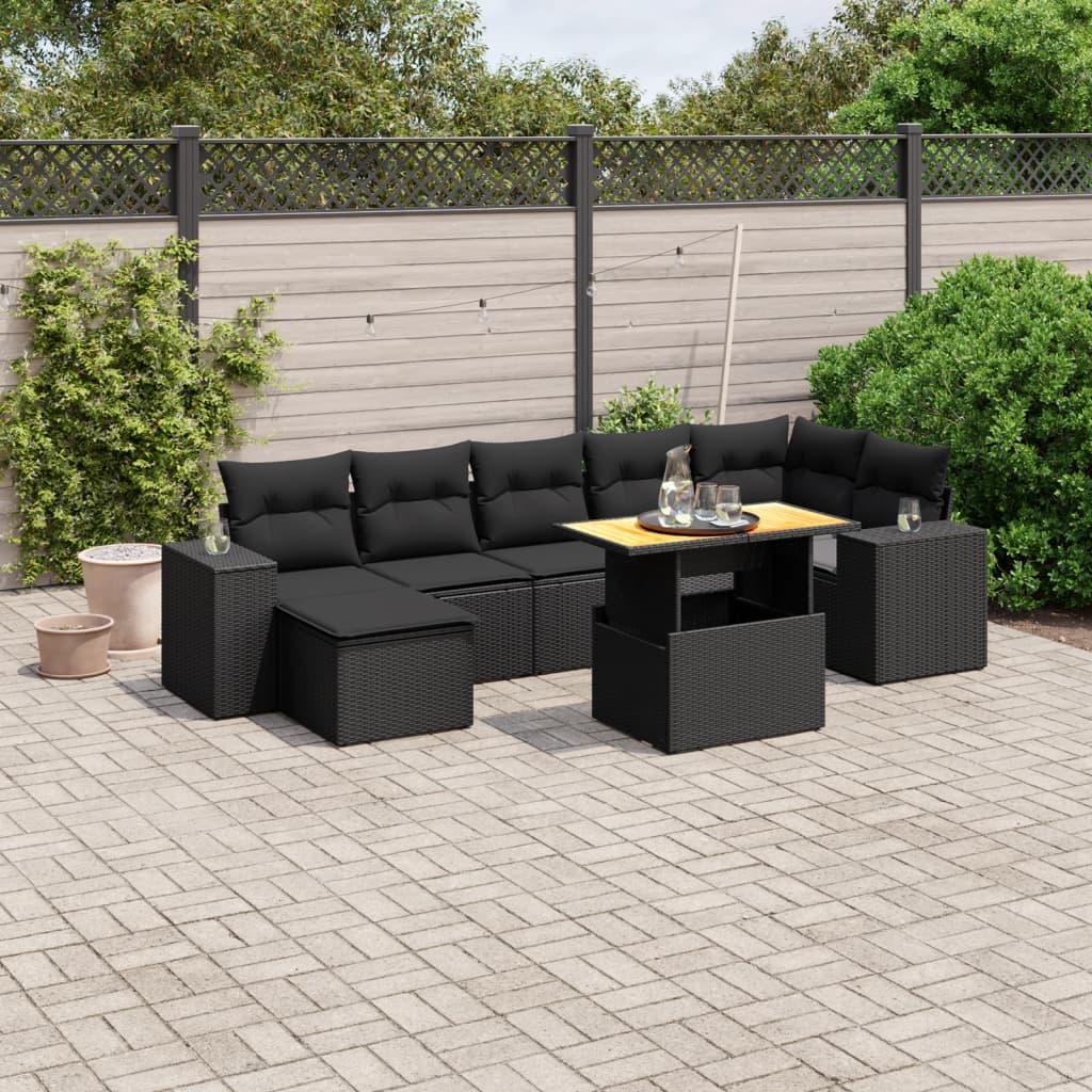 8 Piece Garden Sofa Set with Cushions Black Poly Rattan