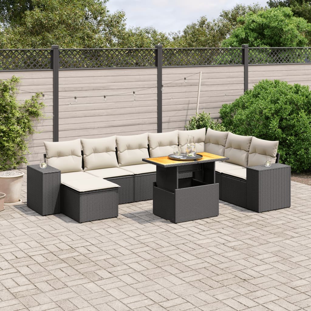 9 Piece Garden Sofa Set with Cushions Black Poly Rattan